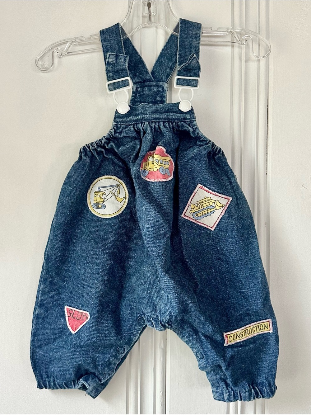 VTG Children's Denim Construction Patch Overalls - Blue with White Clasps